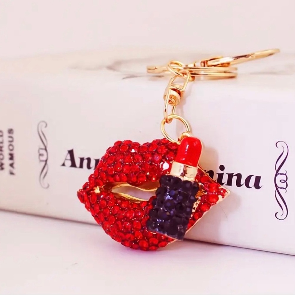 Red Lip Keychain with Lipstick Charm